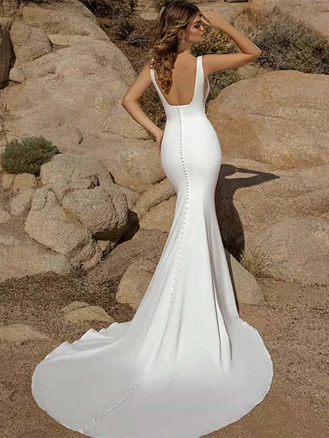 Beach Open Back Casual Wedding Dresses Court Train Mermaid / Trumpet Sleeveless Square Stretch Fabric With Buttons Solid Color 2023 Spring & Summer Bridal Gowns