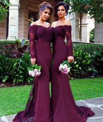 Long Sleeves Mermaid Burgundy Lace Bridesmaid Dresses, Burgundy Prom Dresses, Long Sleeves Bridesmaid Dresses - RongMoon
