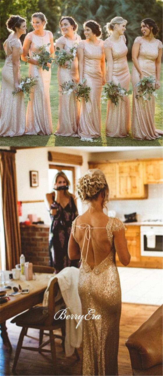 Cap Sleeves Open Back Sequin Sheath Long Bridesmaid  Dresses - RongMoon