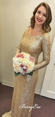 Long Sleeves Scoop Sheath Gold Sequin Bridesmaid Dresses - RongMoon