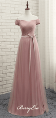 Off Shuolder Long A-line Dusty Pink Tulle Bridesmaid Dresses - RongMoon