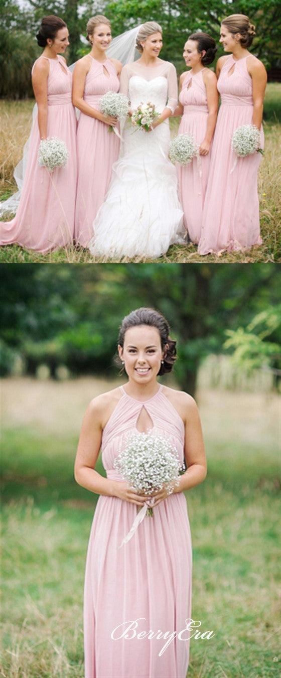 Key Hole A-line Pink Chiffon Long Bridesmaid Dresses - RongMoon