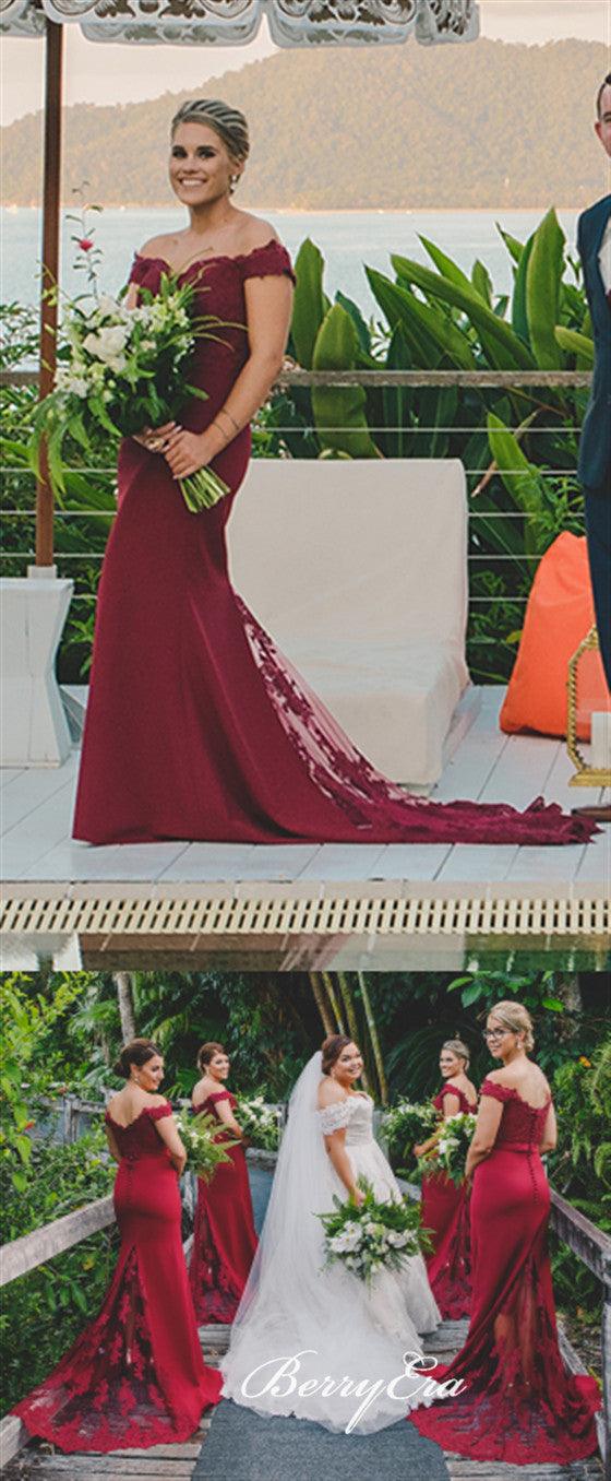 Off Shoulder Burgundy Lace Mermaid Long Bridesmaid Dresses - RongMoon