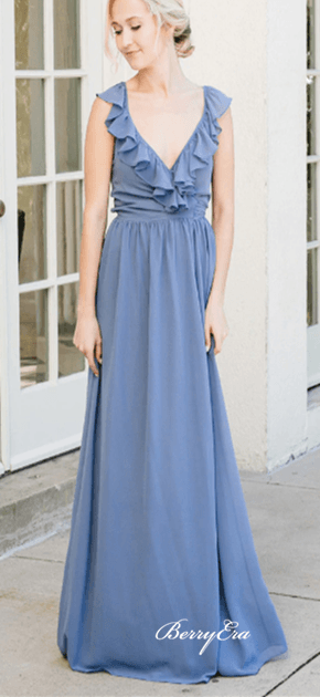 V-neck Ruffled A-line Blue Bridesmaid Dresses - RongMoon