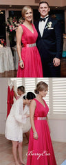 V-neck Hot Pink A-line Bridesmaid Dresses With Beaded Belt - RongMoon