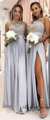 Sleeveless Lace Chiffon High Slit Long Bridesmaid Dresses - RongMoon