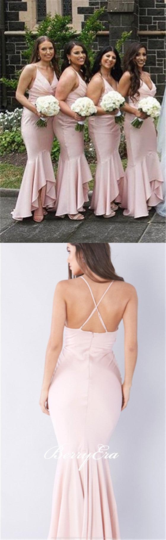 Pink Mermaid Elastic Satin Long Bridesmaid Dresses - RongMoon