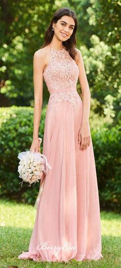 Pink Lace Top Chiffon Long Bridesmaid Dresses, Lovely Bridesmaid Dresses - RongMoon
