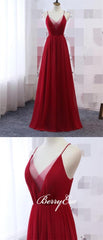 Red Chiffon Long A-line Bridesmaid Dresses, Popular Bridesmaid Dresses - RongMoon