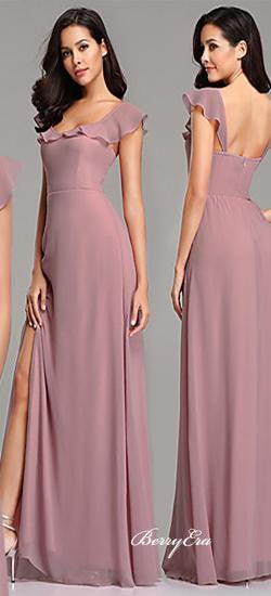 Long A-line Side Slit Purple Chiffon Bridesmaid Dresses - RongMoon