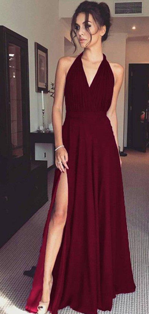 Halter Long A-line Side Slit Dark Red Prom Dresses, Bridesmaid Dresses - RongMoon