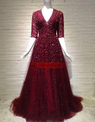 modest half sleeves long burgundy evening dresses with lace and crystal beaded