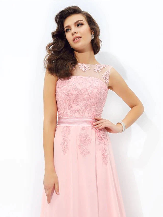 A-Line Prom Dresses Sparkle & Shine Dress Formal Floor Length Sleeveless Jewel Neck Chiffon with Appliques