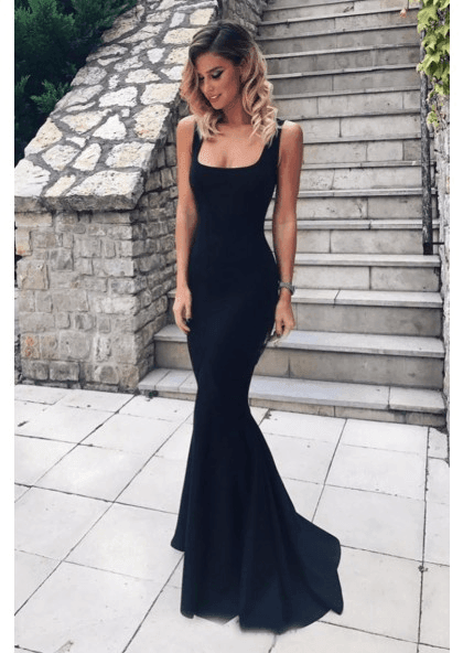Mermaid Black Satin Square Prom Dresses - RongMoon