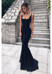 Mermaid Black Satin Square Prom Dresses - RongMoon
