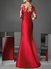 Mermaid / Trumpet Beautiful Back Wedding Guest Formal Evening Dress Illusion Neck 3/4 Length Sleeve Floor Length Satin with Appliques - RongMoon