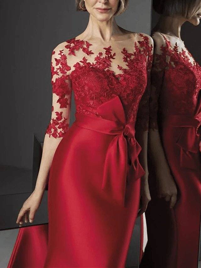 Mermaid / Trumpet Beautiful Back Wedding Guest Formal Evening Dress Illusion Neck 3/4 Length Sleeve Floor Length Satin with Appliques - RongMoon