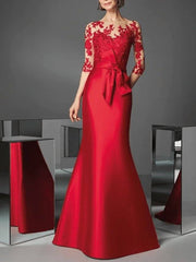 Mermaid / Trumpet Beautiful Back Wedding Guest Formal Evening Dress Illusion Neck 3/4 Length Sleeve Floor Length Satin with Appliques - RongMoon