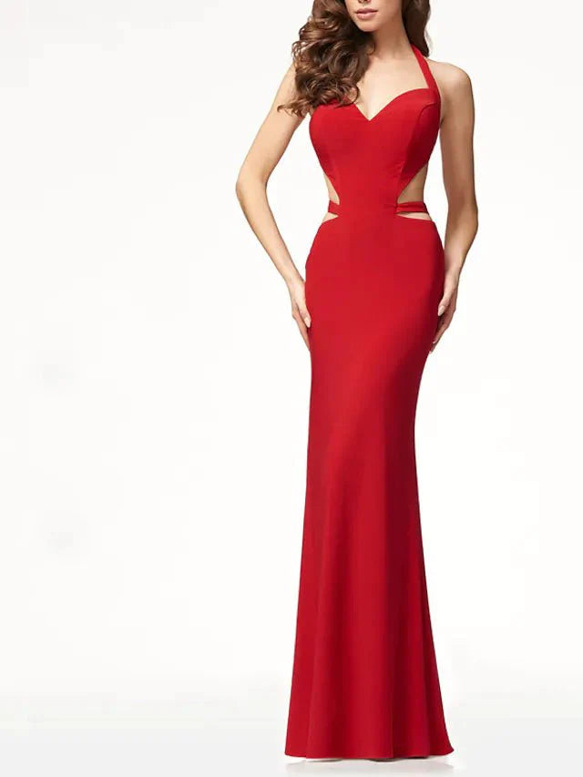 Mermaid / Trumpet Bridesmaid Dress Halter Neck Sleeveless Sexy Floor Length Stretch Fabric with Solid Color - RongMoon
