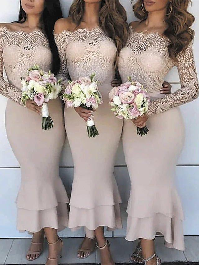 Mermaid / Trumpet Bridesmaid Dress Off Shoulder Long Sleeve Sexy Ankle Length Lace / Stretch Chiffon with Ruffles / Appliques - RongMoon