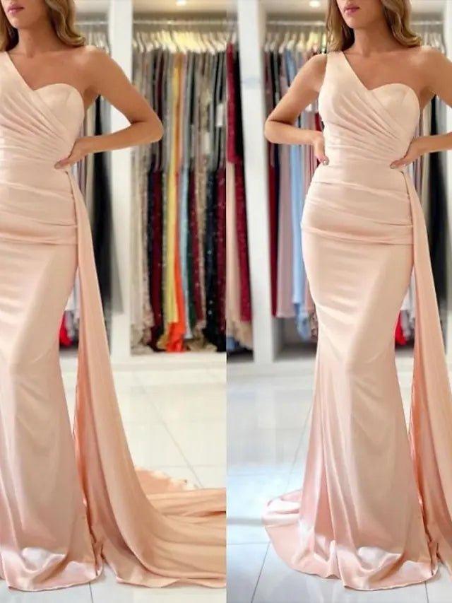 Mermaid / Trumpet Bridesmaid Dress One Shoulder Sleeveless Elegant Court Train Stretch Chiffon with Draping / Solid Color - RongMoon