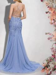 Mermaid / Trumpet Bridesmaid Dress Spaghetti Strap Sleeveless Sexy Sweep / Brush Train Lace / Tulle with Sequin / Appliques - RongMoon