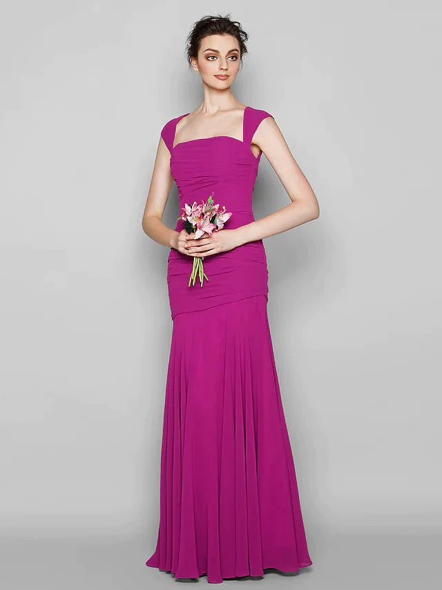 Mermaid / Trumpet Bridesmaid Dress Square Neck Sleeveless Open Back Floor Length Chiffon with Ruched - RongMoon