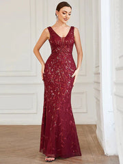 Mermaid / Trumpet Bridesmaid Dress V Neck Sleeveless Sexy Floor Length Sequined with Sequin - RongMoon