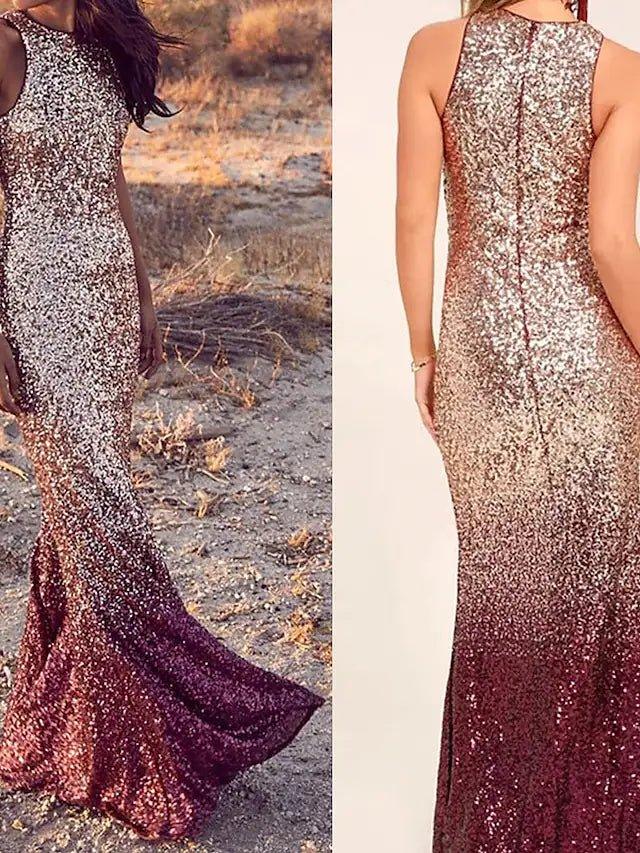 Mermaid / Trumpet Bridesmaid Dress V Neck Sleeveless Sparkle & Shine Floor Length Sequined with Sequin - RongMoon