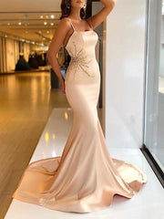 Mermaid / Trumpet Evening Dresses Elegant Dress Prom Birthday Court Train Spaghetti Strap Sleeveless Satin with Appliques Pure Color - RongMoon
