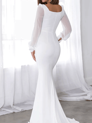 Mermaid / Trumpet Minimalist Elegant Wedding Guest Formal Evening Dress Scoop Neck Long Sleeve Sweep / Brush Train Satin with Sleek - RongMoon