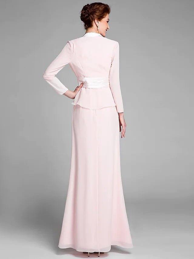 Mermaid / Trumpet Mother of the Bride Dress Convertible Dress Scoop Neck Floor Length Chiffon Long Sleeve with Sash - RongMoon