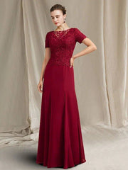 Mermaid / Trumpet Mother of the Bride Dress Elegant Jewel Neck Floor Length Chiffon Lace Short Sleeve with Pleats Appliques - RongMoon