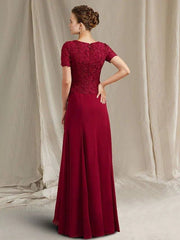 Mermaid / Trumpet Mother of the Bride Dress Elegant Jewel Neck Floor Length Chiffon Lace Short Sleeve with Pleats Appliques - RongMoon