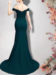 Mermaid / Trumpet Mother of the Bride Dress Elegant Off Shoulder Sweep / Brush Train Lace Stretch Chiffon Short Sleeve with Appliques - RongMoon