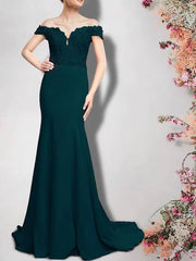Mermaid / Trumpet Mother of the Bride Dress Elegant Off Shoulder Sweep / Brush Train Lace Stretch Chiffon Short Sleeve with Appliques - RongMoon