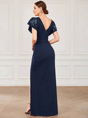 Mermaid / Trumpet Mother of the Bride Dress Elegant Sexy Plunging Neck Floor Length Polyester Short Sleeve with Appliques Split Front - RongMoon