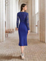 Mermaid / Trumpet Mother of the Bride Dress Elegant Sexy V Neck Tea Length Lace Stretch Fabric Long Sleeve with Appliques - RongMoon