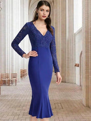 Mermaid / Trumpet Mother of the Bride Dress Elegant Sexy V Neck Tea Length Lace Stretch Fabric Long Sleeve with Appliques - RongMoon