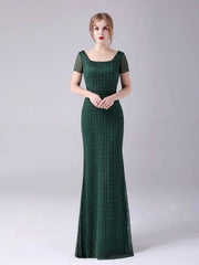 Mermaid / Trumpet Mother of the Bride Dress Elegant Sweet Scoop Neck Floor Length Lace Short Sleeve with Lace - RongMoon