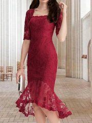 Mermaid / Trumpet Mother of the Bride Dress Elegant Vintage Square Neck Asymmetrical Tea Length Lace Half Sleeve with Ruffles Appliques - RongMoon