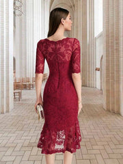 Mermaid / Trumpet Mother of the Bride Dress Elegant Vintage Square Neck Asymmetrical Tea Length Lace Half Sleeve with Ruffles Appliques - RongMoon