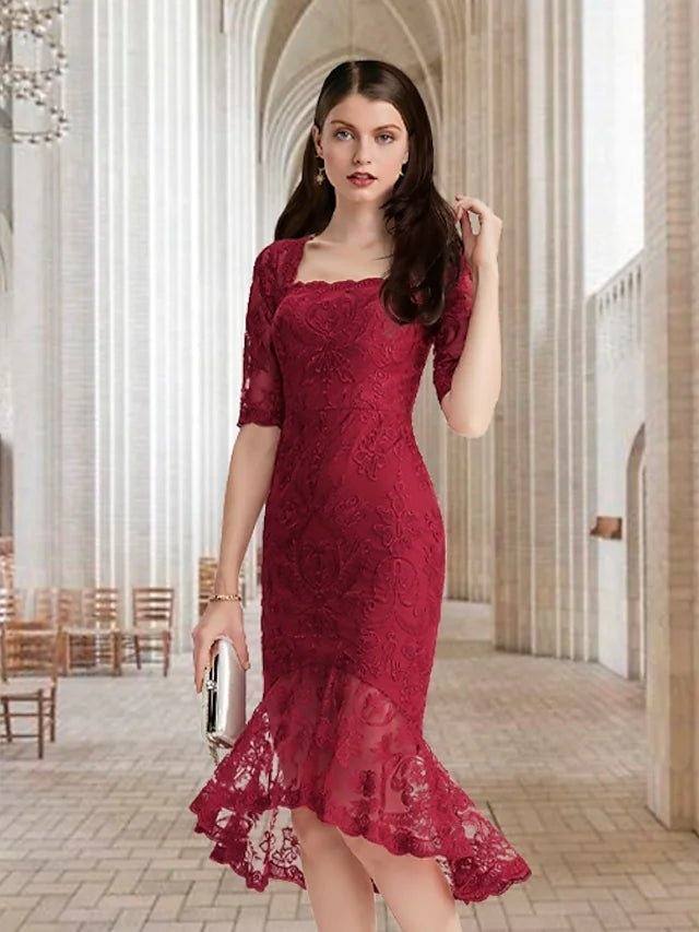 Mermaid / Trumpet Mother of the Bride Dress Elegant Vintage Square Neck Asymmetrical Tea Length Lace Half Sleeve with Ruffles Appliques - RongMoon