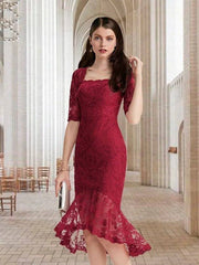 Mermaid / Trumpet Mother of the Bride Dress Elegant Vintage Square Neck Asymmetrical Tea Length Lace Half Sleeve with Ruffles Appliques - RongMoon