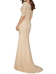 Mermaid / Trumpet Mother of the Bride Dress Plus Size Sexy V Neck Sweep / Brush Train Chiffon Lace Half Sleeve with Lace Appliques - RongMoon