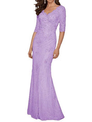 Mermaid / Trumpet Mother of the Bride Dress Plus Size Sexy V Neck Sweep / Brush Train Chiffon Lace Half Sleeve with Lace Appliques - RongMoon