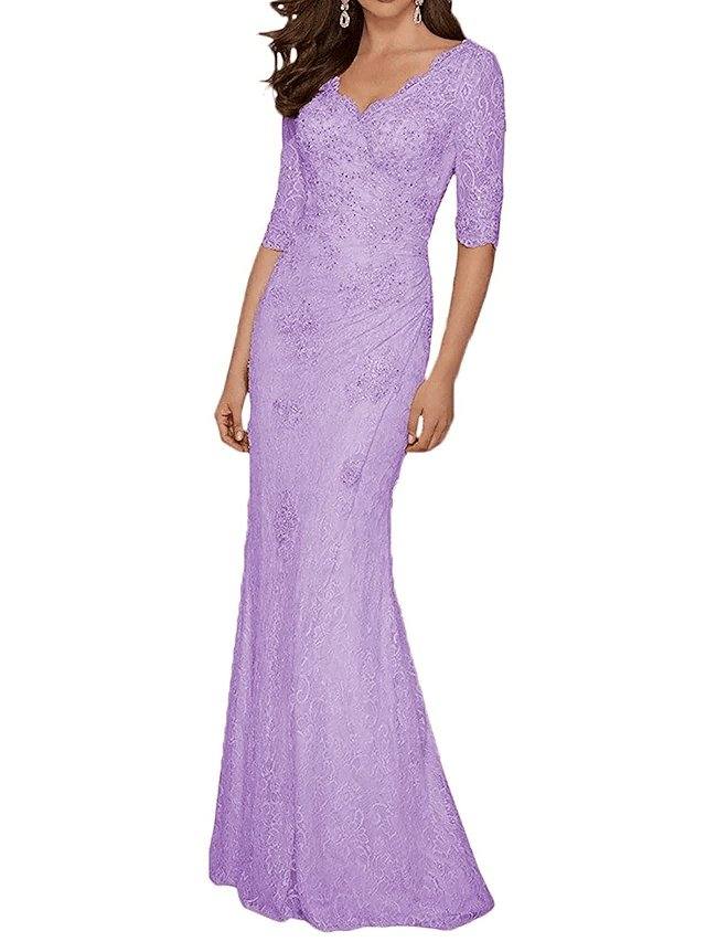 Mermaid / Trumpet Mother of the Bride Dress Plus Size Sexy V Neck Sweep / Brush Train Chiffon Lace Half Sleeve with Lace Appliques - RongMoon