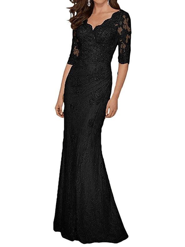 Mermaid / Trumpet Mother of the Bride Dress Plus Size Sexy V Neck Sweep / Brush Train Chiffon Lace Half Sleeve with Lace Appliques - RongMoon