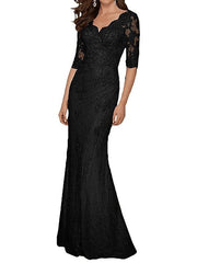 Mermaid / Trumpet Mother of the Bride Dress Plus Size Sexy V Neck Sweep / Brush Train Chiffon Lace Half Sleeve with Lace Appliques - RongMoon