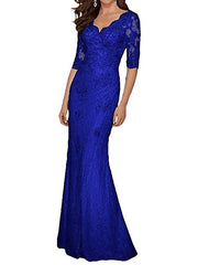 Mermaid / Trumpet Mother of the Bride Dress Plus Size Sexy V Neck Sweep / Brush Train Chiffon Lace Half Sleeve with Lace Appliques - RongMoon